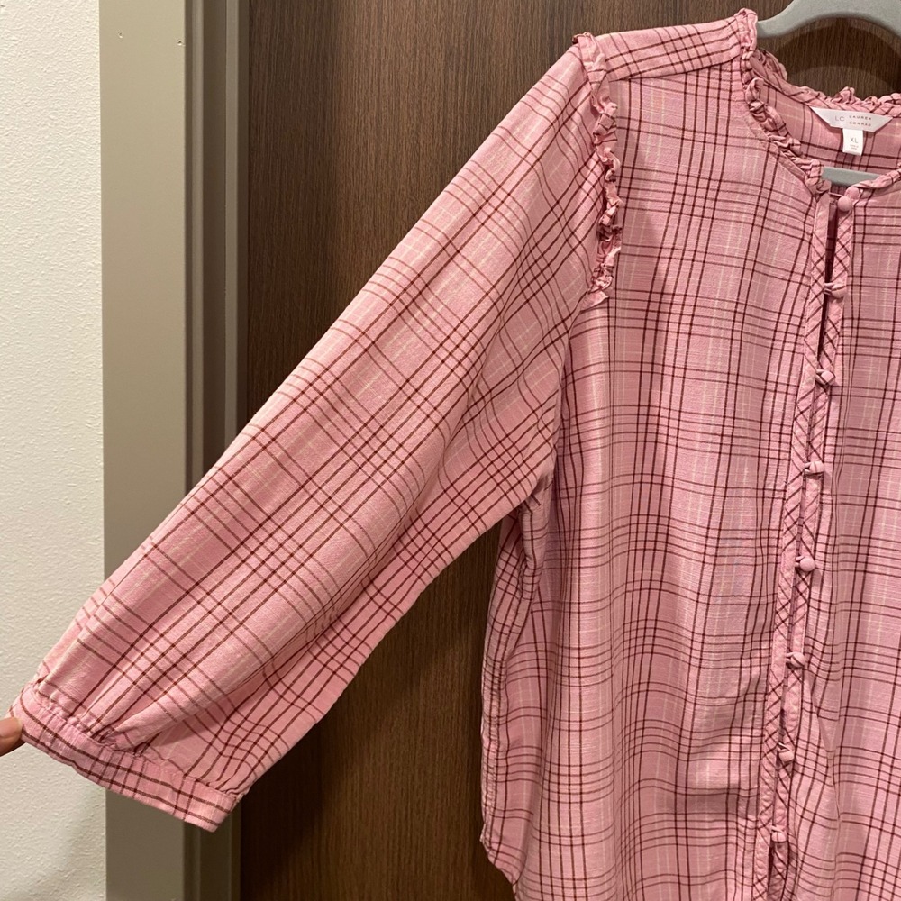 LC Lauren Conrad Bundle Size XL Floral Plaid Blouse Tops Ruffle Popover Feminine - Picture 5 of 15